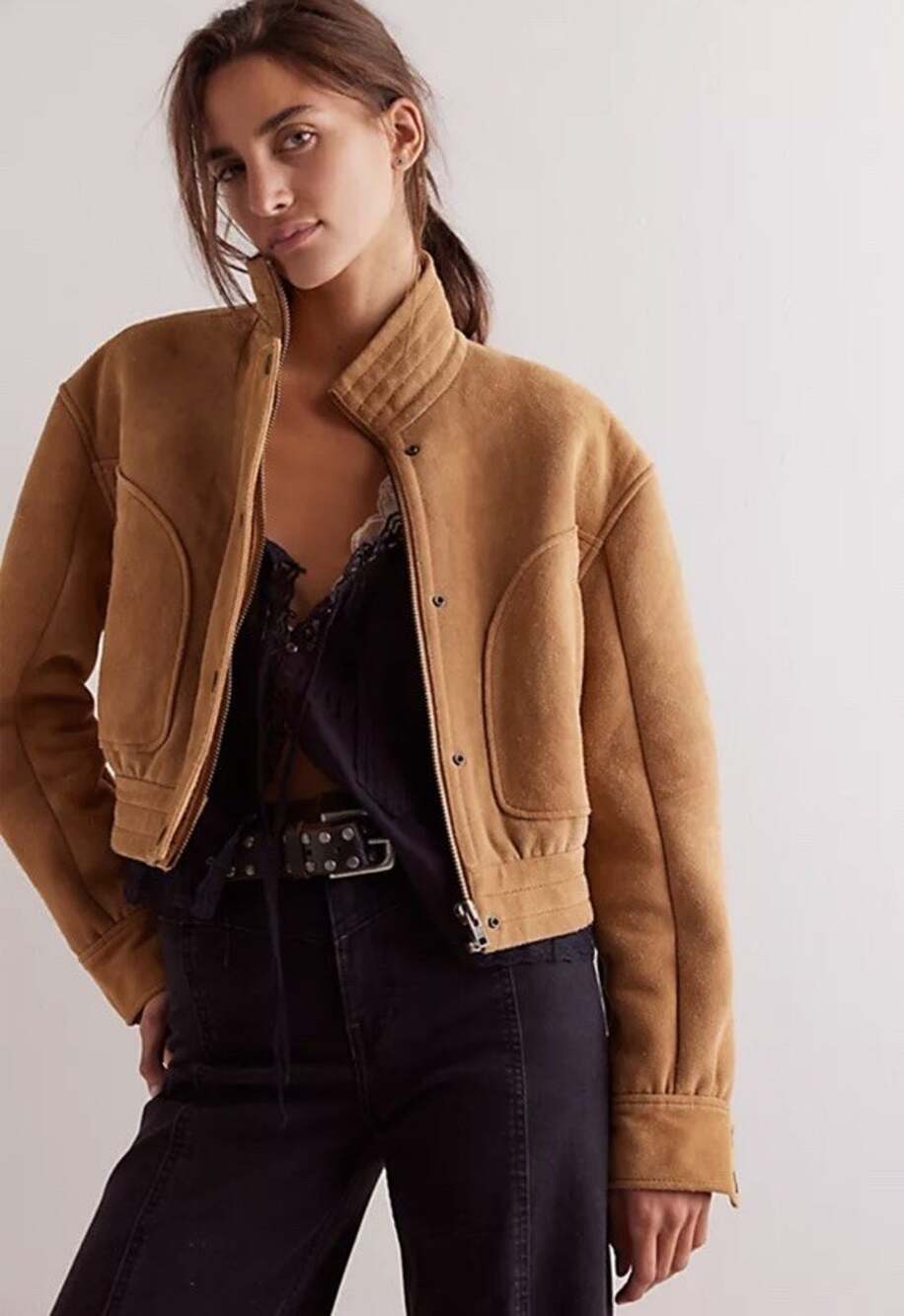 NWT We The Free Wes Suede Bomber Jacket Brown Faux Shearling L Free People